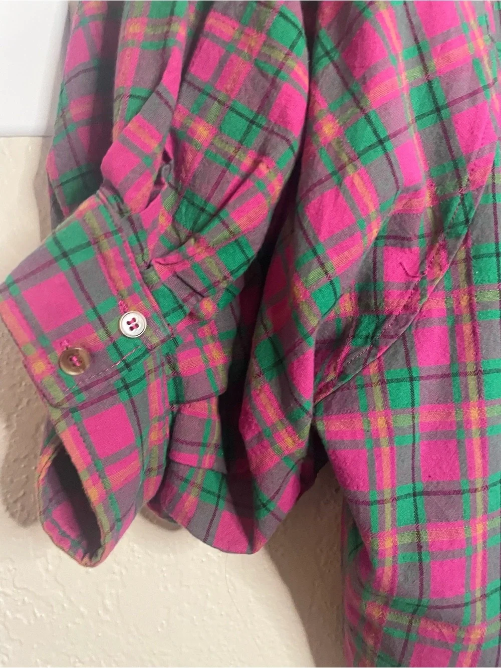 Entro Pink Green Plaid Oversized Pima Cotton Button Up Small - Picture 9 of 12